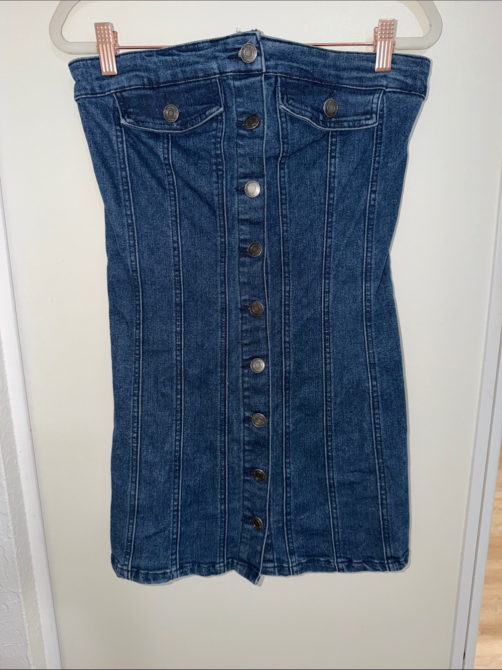 Denim Obsessed Strapless Dark Blue Denim Button-Front Mini Dress S